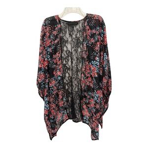 Almost Famous Top Womens XL Kimono Wrap Topper Black Floral Lace‎ Back